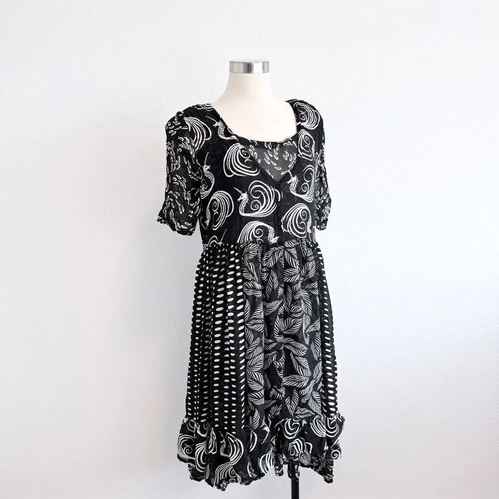Vintage Lola P Unicorn Babydoll Ruffle Mini Dress Medium Black 90s Grunge